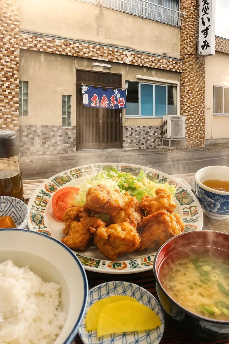 十和田市の食堂いずみの外観と唐揚げ定食