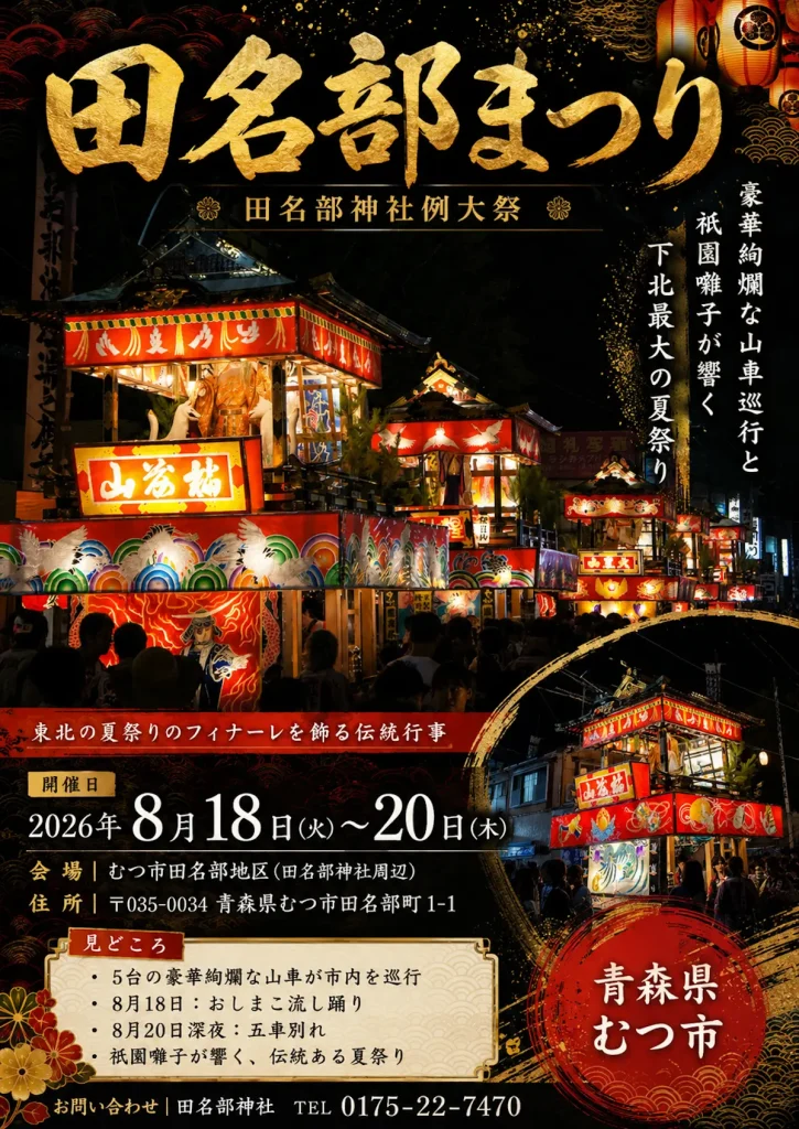 田名部まつり（田名部神社例大祭） | 8/18(火)〜8/20(木) | 豪華絢爛な山車巡行と祇園囃子が響く下北最大の夏祭り | 青森県むつ市