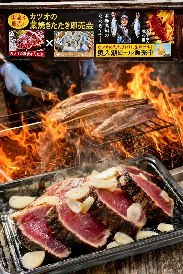 高知の藁焼きカツオと十和田の生にんにくを組み合わせた奥入瀬ろまんパーク夏グルメ