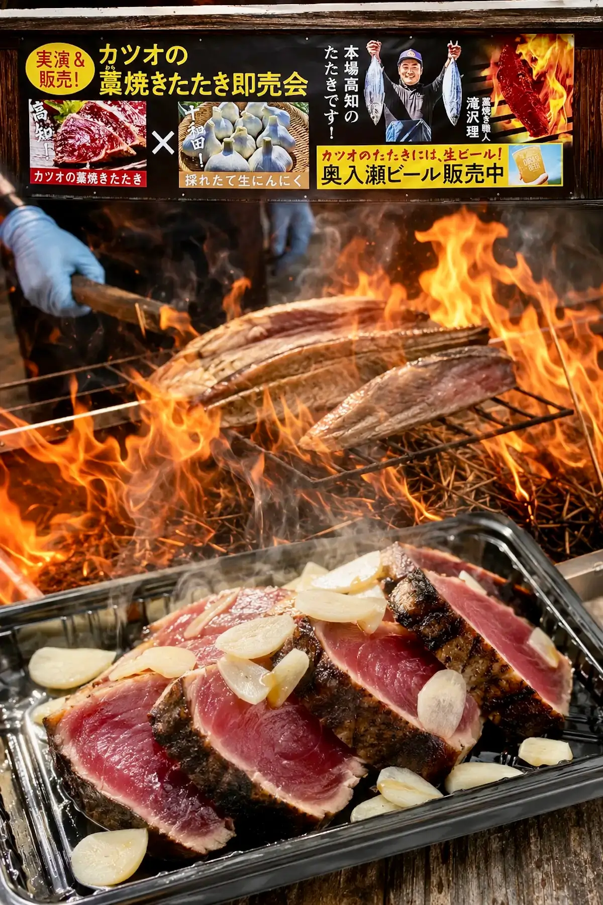 高知の藁焼きカツオと十和田の生にんにくを組み合わせた奥入瀬ろまんパーク夏グルメ