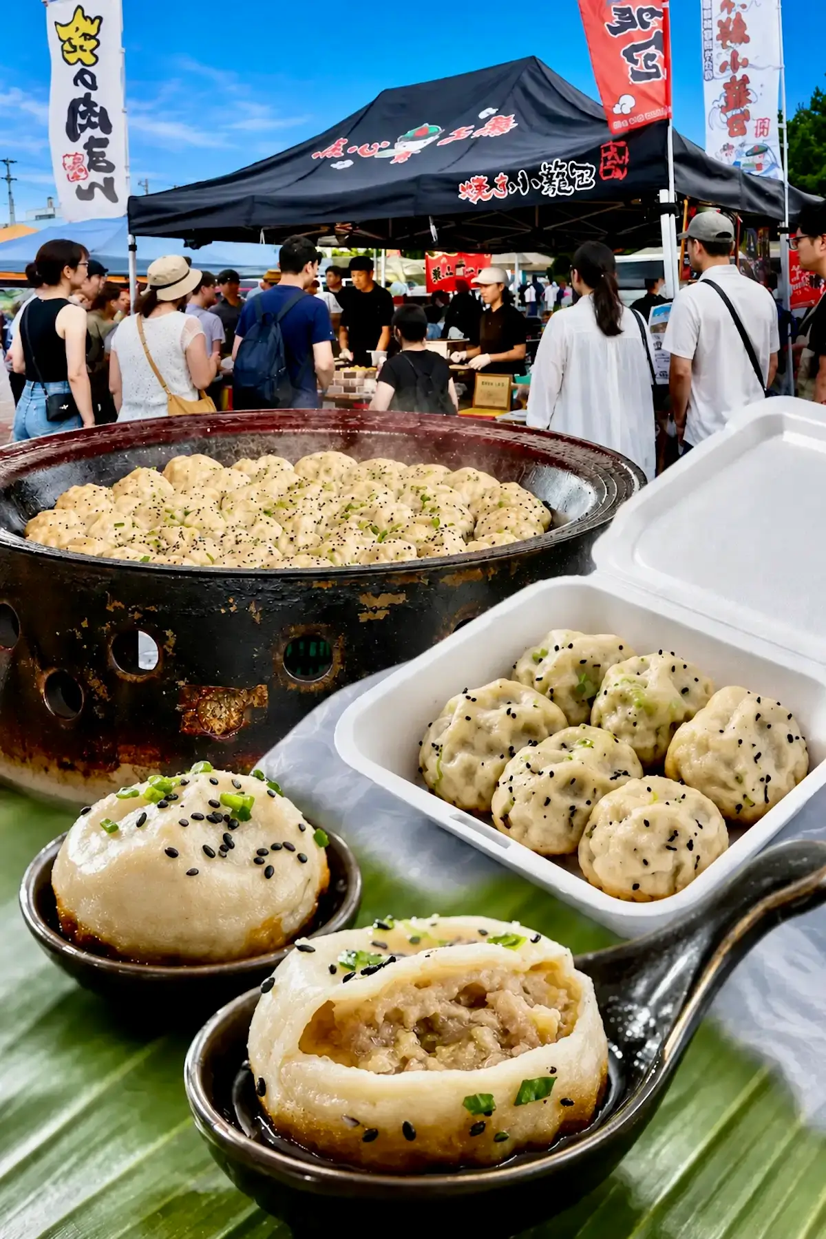点心工房の十和田焼き小籠包と館鼻岸壁朝市の販売風景