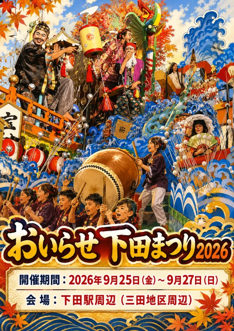 おいらせ下田まつり 青森県おいらせ町 伝統の山車と生き人形が描かれたイベントポスター画像
