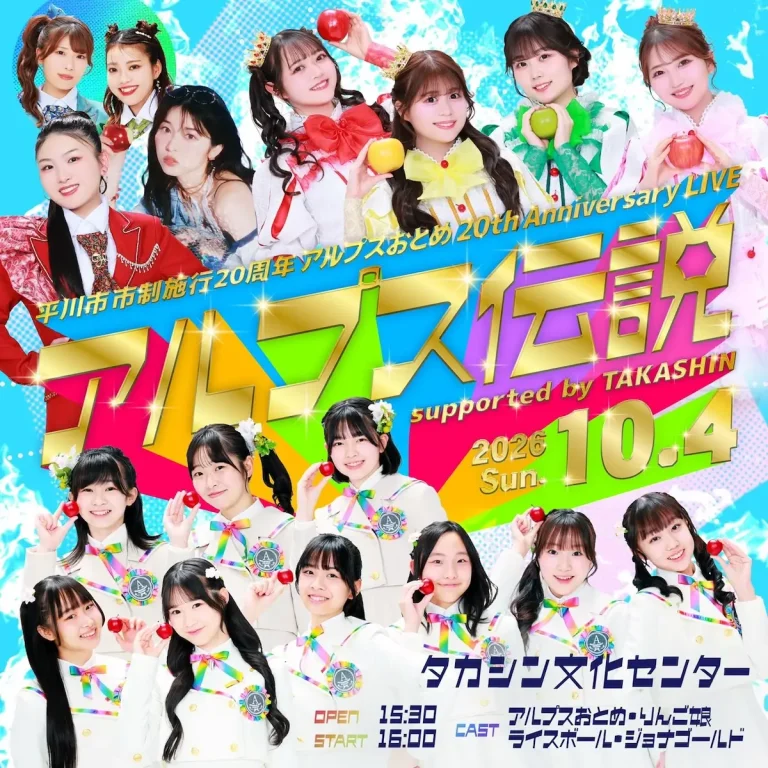 平川市市制施行20周年 アルプスおとめ 20th Anniversary LIVE アルプス伝説 supported by TAKASHIN 青森県平川市の告知ポスター画像