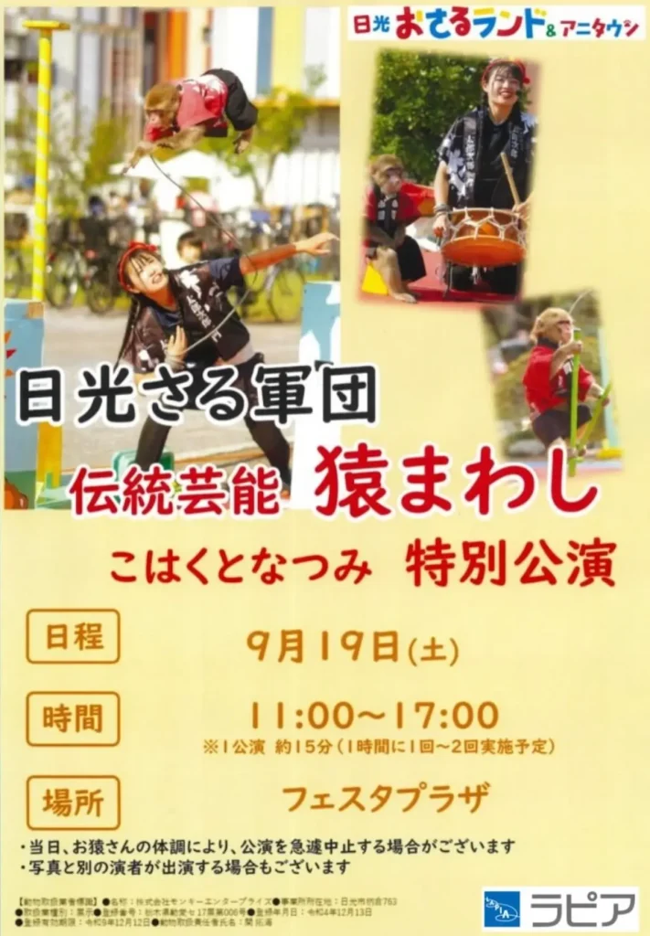 日光さる軍団 伝統芸能 猿まわし こはくとなつみ 特別公演 青森県八戸市 ラピアのイベント告知ポスター