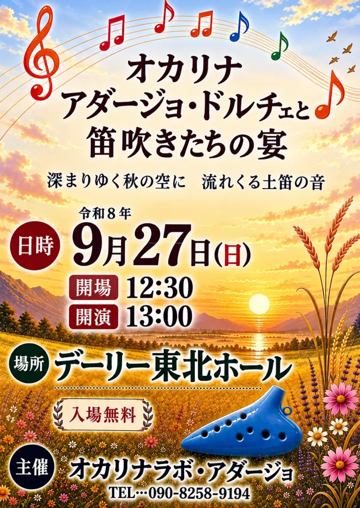 オカリナ アダージョ・ドルチェと笛吹きたちの宴 | 9/27(日) | 土笛の音が響く入場無料の音楽会 | 青森県八戸市
