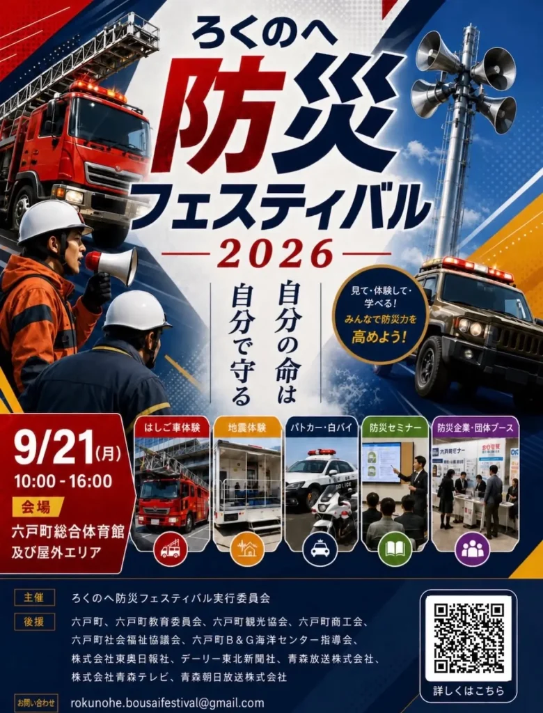 ろくのへ防災フェスティバル2026 青森県六戸町のイベント告知ポスター画像