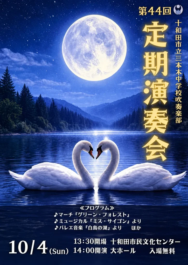 第44回 十和田市立三本木中学校吹奏楽部 定期演奏会 | 10/4(日) | 白鳥の湖やミス・サイゴンを奏でる入場無料の定期演奏会 | 青森県十和田市