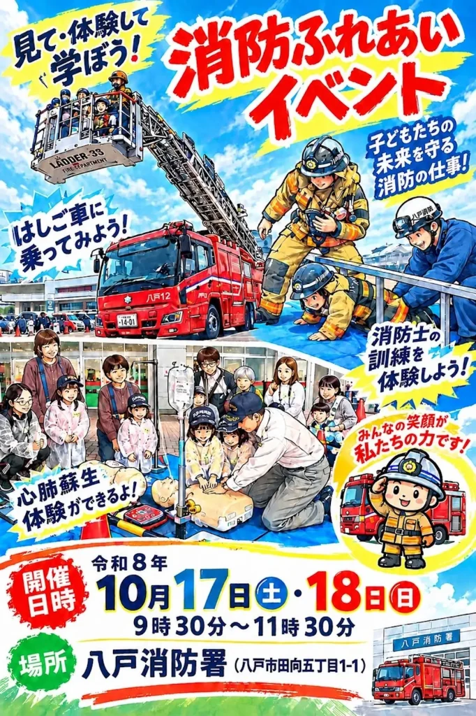 消防ふれあいイベント | 10/17(土)〜10/18(日) | はしご車搭乗や訓練体験・心肺蘇生を学べる2日間 | 青森県八戸市